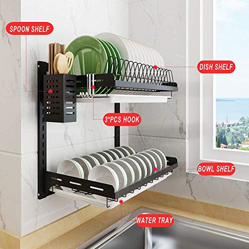 junyuan Kitchen Dish Rack,Hanging Dish Drying Rack Organizer Storage Shelf Over Sink,2 Tier Wall Mount Bowl Holder with Drain Tray and Silverware Stainless Steel Black Coating Ajustable Height - size: 2tier-Wall Mount