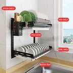 junyuan Kitchen Dish Rack,Hanging Dish Drying Rack Organizer Storage Shelf Over Sink,2 Tier Wall Mount Bowl Holder with Drain Tray and Silverware Stainless Steel Black Coating Ajustable Height - size: 2tier-Wall Mount