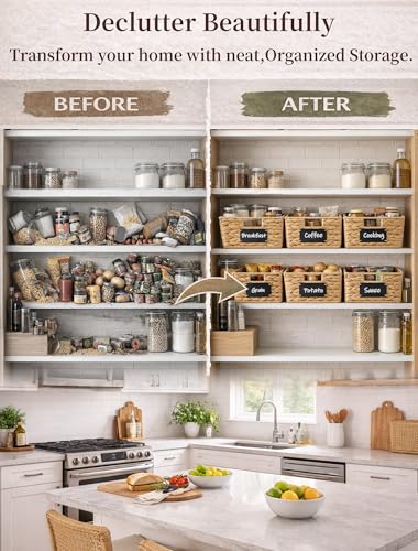 Pantry Organizers and Storage, Water Hyacinth Storage Baskets for Shelves, Natural Baskets for Organizing, Pantry Baskets with Chalkboard Labels and Marker - color: Natural