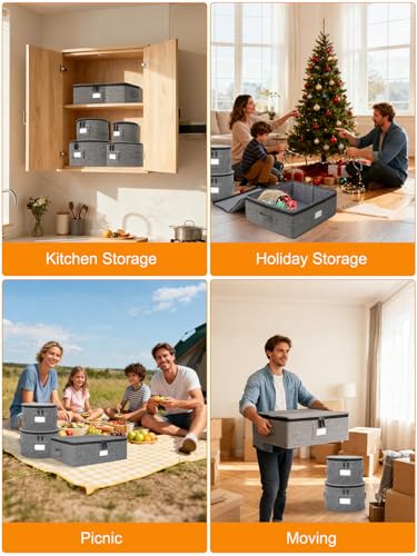 punemi 6-Piece Hard Shell China Storage Containers, Mug & Cup Organizer, Wine Glass Storage Boxes with Dividers & Carry Handles, Moving Boxes for Dinnerware, Glassware, and Stemware,Grey - style: StorageSet-China4pcs-Wine1pcs-Coffee1pcs