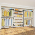 Timate S3X PLUS Closet System, Expandable Wall Mounted Closet with 6 Adjustable Shelves & 4 Expandable Hanger Rods, Industrial Pipe Clothing Rack for Hanging Clothes, Fits Spaces 6'11"- 9'10", Black - color: Black, size: S3X PLUS