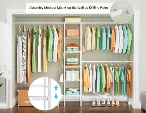 Ulif M1 Closet Storage Organizer System, 6 Tiers Heavy Duty Metal Garment Rack with 3 Expandable Hanger Rods, Wall Mounted Space Saver Suits from 5.4-8.7 ft. Width, 71.2”H x 14”D, 700LBS, White - color: White