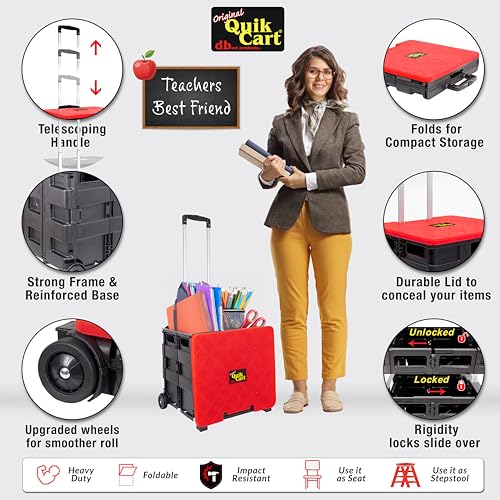 dbest products Quik Cart Collapsible Rolling Crate on Wheels for Teachers Tote Basket 80 lbs Capacity, Made from Heavy Duty Plastic and used as a Seat, Standard, Red - color: Red, style: Standard