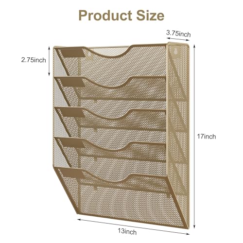 EasyPAG Wall File Organizer 5 Tier Hanging Paper Folder Holder, Zero Assembly Metal Mesh Wall Mounted Mail Organizer for Office Home Classroom Narrow Spaces, Gold - color: Gold, size: 5 Tier