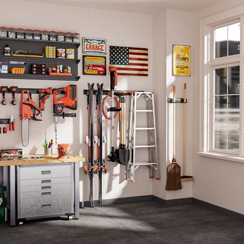 Garden Tool Organizer Wall Mount, 32 inches Tool Storage Rack with Adjustable Hooks, 600lbs Adjustable Heavy Duty Metal Hooks, Yard Shed Rack Holder System Hanging Rake Broom Mop Snowboard, Men Gift - size: 32"