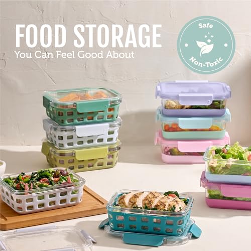 Ello Duraglass 3.4 Cup Meal Prep Sets 10Pc, 5 Pack Set- Glass Food Storage Container with Silicone Boot and Airtight BPA-Free Plastic Lids, Dishwasher, Microwave, and Freezer Safe, Garden Goals - color: Garden Goals with Boot, size: 3.4 Cup