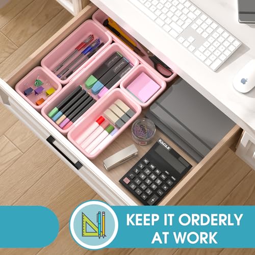 6 PCS Drawer Organizer Set, 3 Size Makeup Drawer Divider Organizer With Non-Slip Pads, Interlocking Plastic Storage Bins for Office,Jewelry Vanity,Gadgets, Bathroom,Kitchen, Pink - color: Pink, size: 6Pack