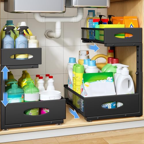 Under Sink Organizer, 2 Tier Pull Out Under Cabinet Organizer Shelf with Pad for Framed Cabinets, Metal Slide Out Under Sink Storage, Mesh Sliding Drawers for Kitchen Bathroom Laundry(Black, 1 Pack) - color: Black, size: 1-Pack