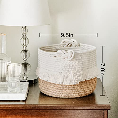 CherryNow Small Woven Storage Baskets Cotton and Jute Rope Decorative Hamper for Diaper, Blankets, Magazine and Keys, Cute Tassel Nursery Decor - Home Storage Container – 9.5'' x 7'' - color: White & Camel, size: 10L (9.5"W x 7"H)