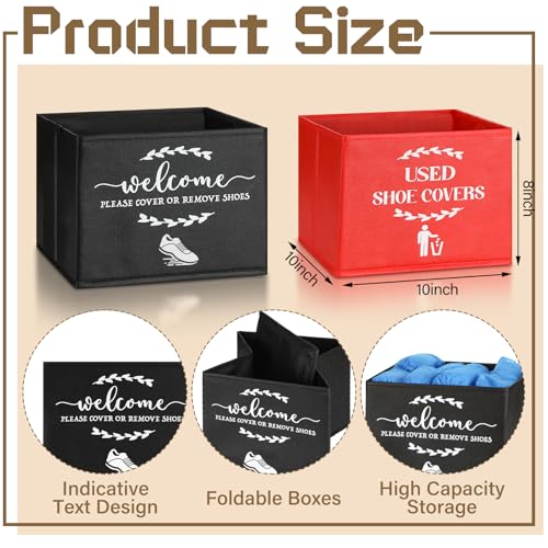 2 Pcs Shoe Cover Boxes Dispenser Foldable Storage Bins, Used Shoe Covers and Welcome Please or Remove Sign Entryway Basket Holder for Open House Supplies(Black, Red) - color: Black, Red