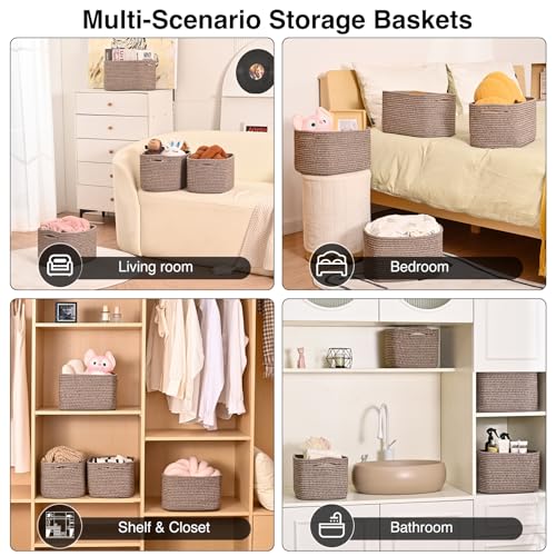 ICERZCZ Storage Baskets for Shelves Organizing, Woven Cotton Rope Baskets for Storage, Book Basket, Decorative Shelf Basket, 12.5"Lx9.1''Wx7.9''H (4 Packs) Dark Brown - color: Dark Brown, size: 12.5"(l)×9.1"(w)×7.9"(h)