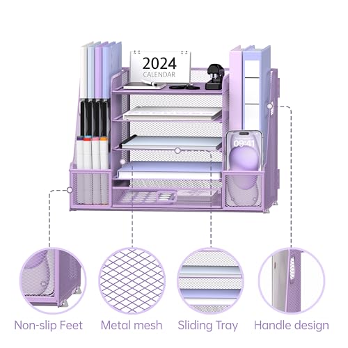 SUPEASY Mesh Desk Organizer with File Holder, 5-Tier Paper Letter Tray Organizer with Magazine Holder, Desktop Organizer and Storage with Drawer for Office Supplies Home or School (Purple) - color: Purple