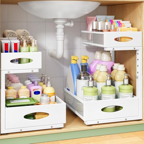 Under Sink Organizer, 1-Pack Pull Out Cabinet Organizer 2 Tier Metal Slide Out Storage Shelf Rack, L-Shaped Adjustable Height,Mesh Sliding Drawer for Kitchen, Bathroom, Laundry, Pantry, White, XL - color: White, size: 1-Pack (XL)