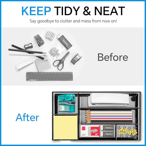 Desk Drawer Organizer, Office Drawer Divider Organizer Tray with 6 Compartments, Metal Mesh Desktop Organization and Accessories for Stationery Makeup Kitchen Toolroom School ＆ Office - size: Small-2 Pack
