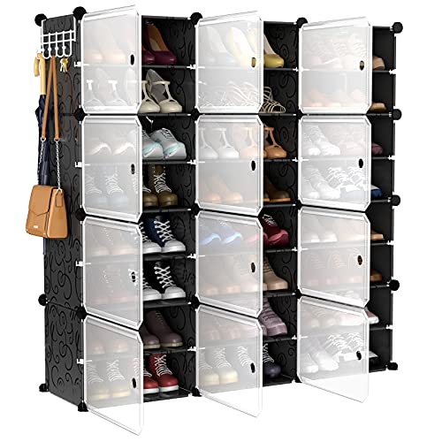 VTRIN Portable Shoe Organizer 48 Pair Tower 4 Tiers Rack for Entryway Shelf Storage Cabinet Stand for Heels Boots Slippers Cabinet Narrow Standing Stackable Space Saver Shoe Rack Black - color: Black+translucent Door
