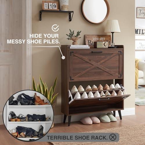 Barnyatoh Shoe Storage Cabinet,Farmhouse Shoe Organizer with 2 Flip Drawers & Barn Door Design,Freestanding Hidden Slim Narrow Shoe Rack Cabinet for Entryway,Foyer,Hallway,Walnut - color: Walnut, size: 2-Drawers