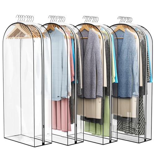 Liuoud Clear Garment Bag for Hanging Clothes 10” Gusseted, 50” Suit Bags for Open Closet Storage Plastic Clothes Cover for Coat, Dress, Shirts, Fur, Jacket, Wardrobe Protectors, 4 Pack - color: Clear, size: 50 inch