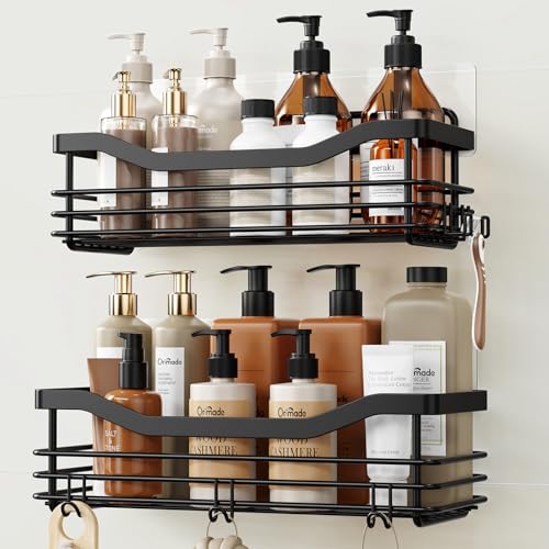Orimade Shower Caddy Basket Shelf Storage Rack, No Drilling Wall Mounted Adhesive Rust Resistant Stainless Steel Shower Organizer with 5 Hooks for Bathroom, Black 2 Pack - color: Black, size: 4.56"D x 11.02"W x 3.11"H