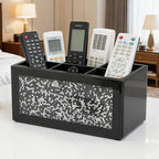 SHYFOY Glass Remote Control Holder with 6 Compartments TV Remote Caddy Storage Box,Desktop Organizer Store Controller,Glasses,Brush,Media Player,Pen,Space Saver for Bedside Table/Office Desk(Black)