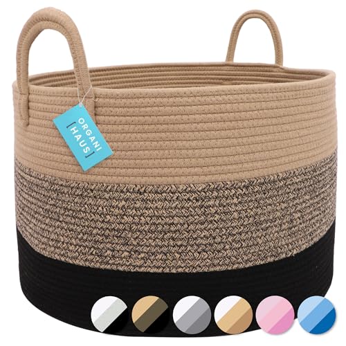 OrganiHaus Large Woven Storage Basket for Blankets and Toys 20" x 13" Inch, Rope Laundry Basket with Handles, Cushions & Pillows Storage Bin, Nursery Hamper, Soft Round Dog Toy Bin - Brown/Black - color: 3-toned Brown, size: Wide