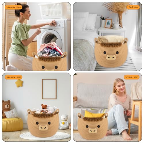 Highland Cute Cow Basket for Nursery, Large Blanket Gift Basket, Woven Rope Cotton Storage, Baby Laundry 0rganizer with Ears Handles, Towels Toy Clothes Gifts Storage Cat Dog Bin,13"D×11.5"H - color: Brown, size: 13"D × 12 "H