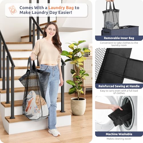 SOLEDI 180L 3-Section Laundry Hamper with Lid, Extra Large Dirty Clothes Basket with Sturdy Handles for Laundry Room & Bedroom - Durable Organizer for Sorting Laundry - color: Navy blue, size: 180L