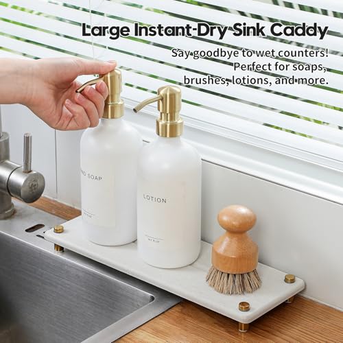 Razborci Water Absorbing Stone Sink Caddy Kitchen Sink Organizer Tray, Diatomite Bathroom Counter Tray, Gold Faucet Drying Mat Coaster Soap Dish Rack Riser Dispenser Sponge Holder, Beige 12.5" x 4.5" - color: Beige - Gold, size: 12.5" x 4.5" x 1"