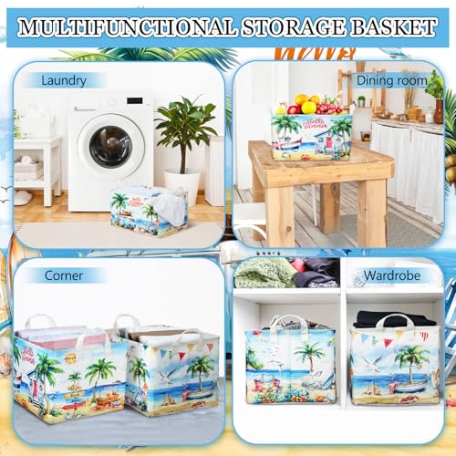 Geelin 3 Pcs Beach Baskets Summer Storage Basket for Gifts Collapsible Waterproof Canvas Cute Storage Bin Organizer with Handles for Book Closet Shelf Nursery Decor - style: Beach
