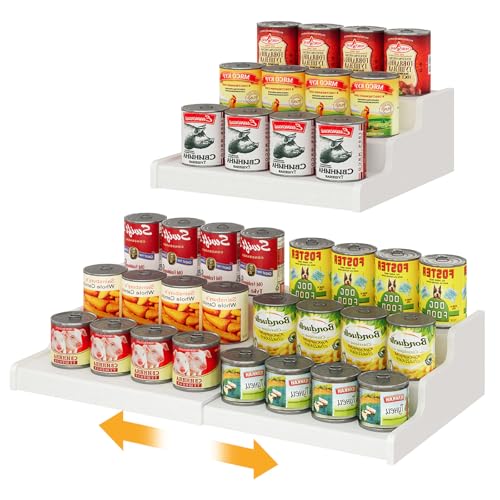 Expandable Bamboo Can Rack Organizer for Pantry, 3-Tier Adjustable Can Storage for Kitchen Cabinets, Soda & Canned Goods Holder for Pantry Organization, Holds Up to 24 Cans, White (Patent Pending) - color: White
