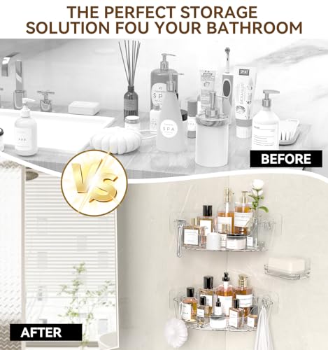 Corner Shower Caddy, 3-Pack Adhesive Shower Organizer with Soap Holder and Hooks, Rustproof Corner Shower Shelves, No Drilling Bathroom Organizer for Bathroom