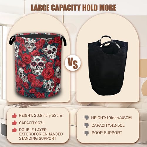 Skull Red Rose Laundry Hamper,Flowers Skeleton Laundry Baskets,Waterproof Oxford Cloth Toy Storage for Bedroom,Bathroom,Nursery,16x20.8 Inch - color: Skull Red Rose,Flowers Skeleton