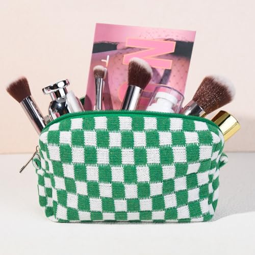SOIDRAM 2 Pack Checkered Makeup Bag for Women, Cute Makeup Pouch Small Makeup Bag Travel Cosmetic Organizer for Toiletries, Brushes & Skincare - color: Green, size: 2 Pack