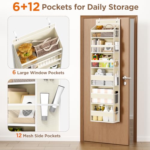 Mefirt Over The Door Organizer, 6 Shelf Door Hanging Organizers with 6 Large Capacity Pockets, Behind Door Storage Hanging Shelves for Closet Wall Bathroom Bedroom Nursery - color: Beige, size: 6-Tier