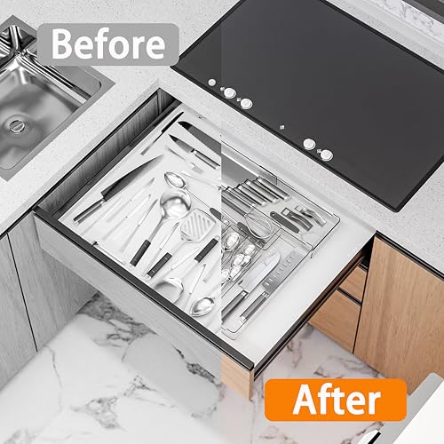 Silverware Drawer Organizer, Expandable Utensil Tray for Kitchen Drawers,BPA Free Flatware and Cutlery Holder,Adjustable Plastic Storage for Utensil like Spoons, Forks, Knives.Clear - color: Clear-8 grid