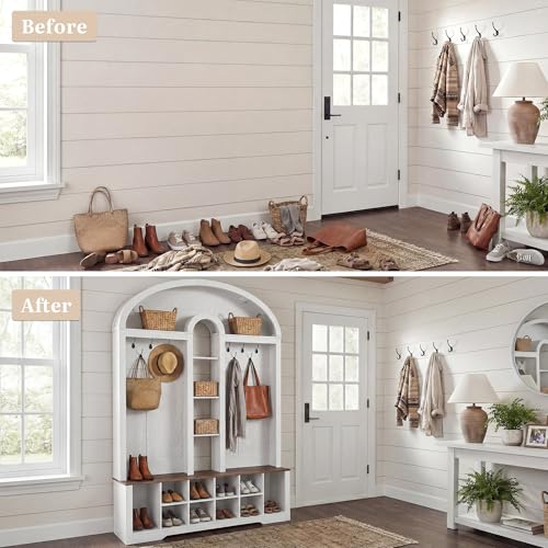 DWVO 59" W Hall Tree with Shoe Storage, Arched Entryway Bench with Coat Rack, 10 Shoe Cubbies Shelves & 10 Coat Hooks, Shoe Storage Bench for Entryway Hallway,White
