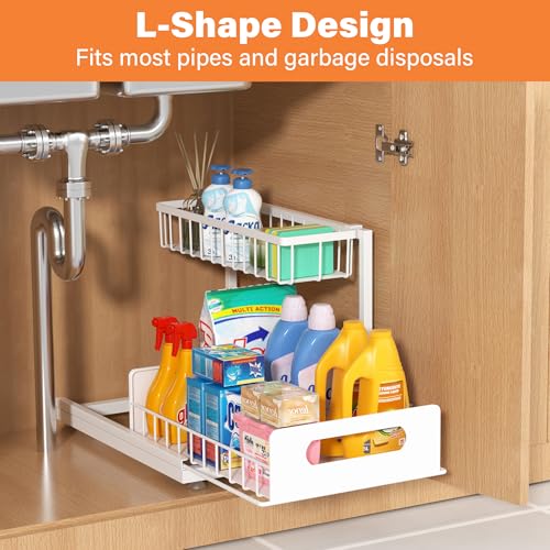 Under Sink Organizer 2 Tier, Pull Out Drawer Slides Under Sink Storage for Bathroom Kitchen,Multi-Purpose Drawer Under Cabinet Organizer for Cleaning Supplies (White, 2 Pack) - color: White, size: 2 Pack