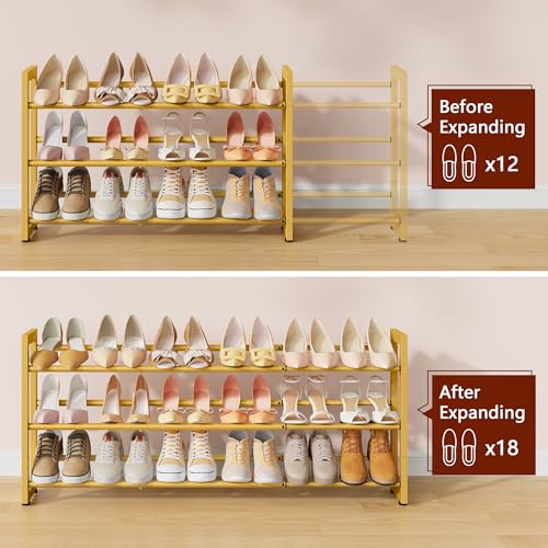 FAVOOSTY 3-Tier Expandable Shoe Rack, Adjustable Shoe Shelf Storage Organizer Space Saving Metal Free Standing Shoe Rack for Entryway Closet Doorway, Gold - color: Gold, size: 3 Tier