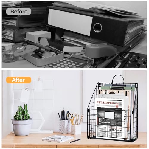 DILIBRA 4 Packs Hanging Wall File Organizer, Foldable Wall Magazine File Holder with Handle and Tag Slot, Metal Wall Mounted Mail Organizer Rack Folder Holder for Document Office Door Home Black