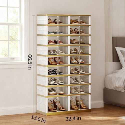 SYNCVIBE Shoe Rack Organizer for Closet Entryway Foldable Sneaker Storage Shoe, Collapsible Shoe Cabinet, Stackable Shoe Storage Cabinet with Lids for Living Room (9 Tiers -36 Pairs White Gold) - size: 9 Tiers -36 Pairs White Gold