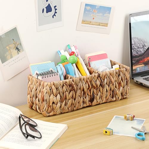 BTSKY Handwoven Remote Control Holder for Table, Natural Water Hyacinth Remote Control Caddy Small Wicker Storage Basket, 3-Compartment Office Supplies Desk Organizer Rustic Makeup Brushes Holder - size: 3-Slot