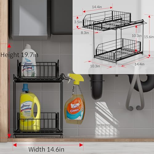 SUEH DESIGN Under Sink Organizer, 2 Tier Bathroom Cabinet Organizer Metal Kitchen Sink Organzier with Hanging Rail for Kitchen Bathroom Organization and Storage, 1 Pack - size: 10.3"W x 15.6"H Wider 1 Pack
