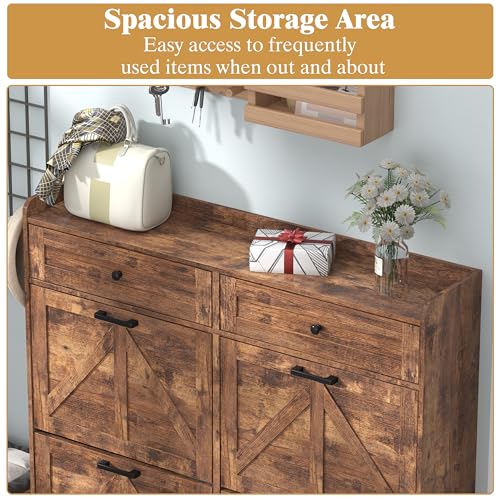 Thacuok Shoe Cabinet with 4 Flip Drawers & 2 Storage Drawers, Rustic Farmhouse Narrow Shoe Organizer Cabinet, Slim Shoe Rack Cabinet, Shoe Storage Cabinet for Entryway, Hallway, Front Door - color: Brown, size: 4 Drawers