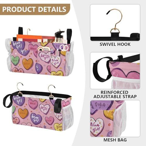 Bedside Caddy Metal Frame Hanging Organizer Bunk Bed Dorm Accessories Hook And Loop Storage Bag Large Pockets Be Brave Girl Hearts Stars Dots - color: Be Brave Girl Hearts Stars Dots