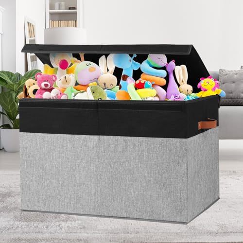Gowee Large Toy Storage Box with Lid, Sturdy Toys Storage Chest Bin Organizer Basket with Dividers for Kids, Boys, Girls, Nursery, Closet, Bedroom, Playroom 26"x17" x17" (Black and Grey) - color: Black and Grey, size: 26"x17" x17"
