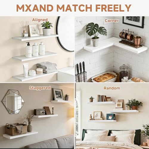 Easy Install Floating Shelves, 15.7 Inch Wall Mounted Wooden Shelf, Small Hanging Shelf for Home Decor, Books and Storage, Organizer for Bedroom, Bathroom, Kitchen, Set of 3, White - color: White, size: 15.7IN