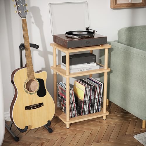 Apicizon 3 Tier End Table, Record Player Stand with Storage Shelf, Wooden Vinyl Record, Nightstand Bedside Table for Small Spaces, Bedroom, Living Room, Easy Assembly, Natural - color: Natural, size: 1 Set, style: 3 Tier