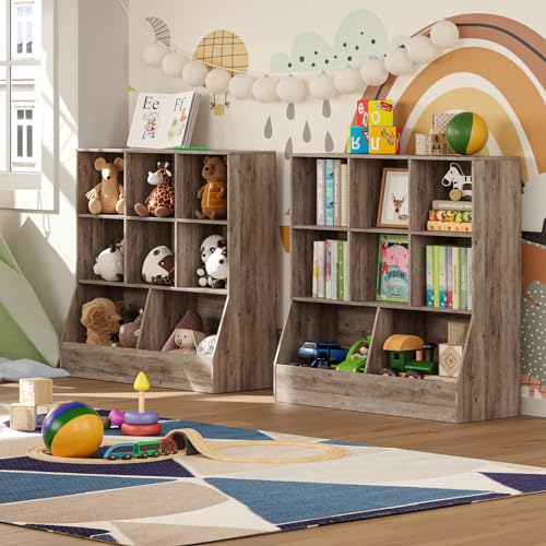 DINZI LVJ Toy Storage Organizer, Kids Bookshelf, Wood Toy Storage Cabinet, 3-Tier 8 Cubby Children Bookcase, 35.4" L Toddler Book Shelf for Playroom, Living Room, Nursery, Hallway, School, Greige - color: Greige, size: 3-Tier 35.4"