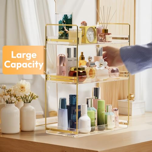 Bathroom Countertop Organizer, 3 Tier Acrylic Tray Vanity Counter Skincare Organizer Shelf, Kitchen Under Sink Standing Rack, Home Storage Holder for Lotion Makeup Cosmetics Perfume Spice, Gold | Vanity Counter, Kitchen Under Sink, Home Storage Holder, fo
