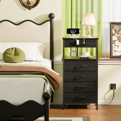 Furnulem Night Stand with Charging Station, 4 Drawer Dresser with Storage Shelf, 33.3 Inch Tall Side Table, Fabric End Table for Closet, Entryway, Bedside Furniture, 3 Ways to Use, Black Oak - color: Black Oak, size: 4 Drawer