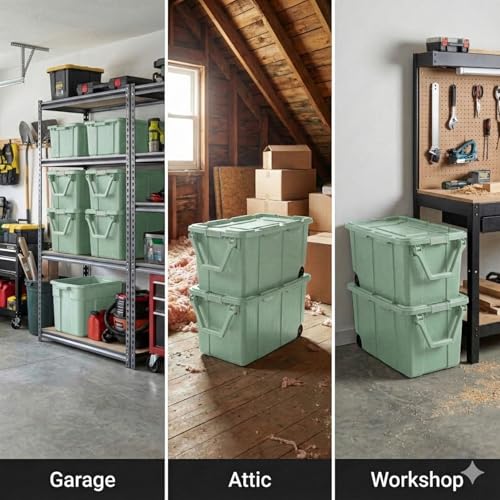 40 Gallon Wheeled Storage Tote with Lid – Heavy Duty Rolling Storage Bin with Ergonomic Handle & Secure Latches – Large Plastic Stackable Container for Garage Basement Workshop (Green) - size: Green